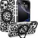 SAKUULO for iPhone 16 Pro Max Case Black Leopard Print Design | with Invisible Magnetic O-Ring Stand Military-Grade Clear Case With Screen Protector[Great Grip Feeling]