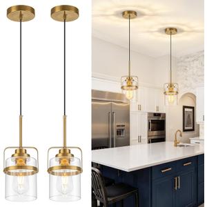 Modern Brass Pendant Lights Kitchen Island Light, Adjustable Hanging Light Fixture with Clear Glass Shade, Farmhouse Pendant Light for Dining Room Bar Over Sink/Table/Counter, 2 Pack