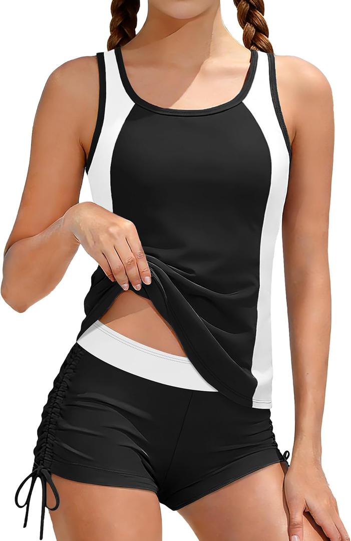 Girls Swimsuit Two Piece Color Block Adjustable Strap Tankini Sets with Drawstring Shorts Bathing Suit for Girls 9-16Y (15-16 Years, Blackwhite)