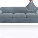 PrinceDeco Velvet XL Couch Cover for Oversized Sofa 4 Piece Sofa Covers for 3 Cushion Couch Washable Furniture Protector with Non Slip Elastic Bottom Width Up to 97 Inch(X-Large, Stone Blue)