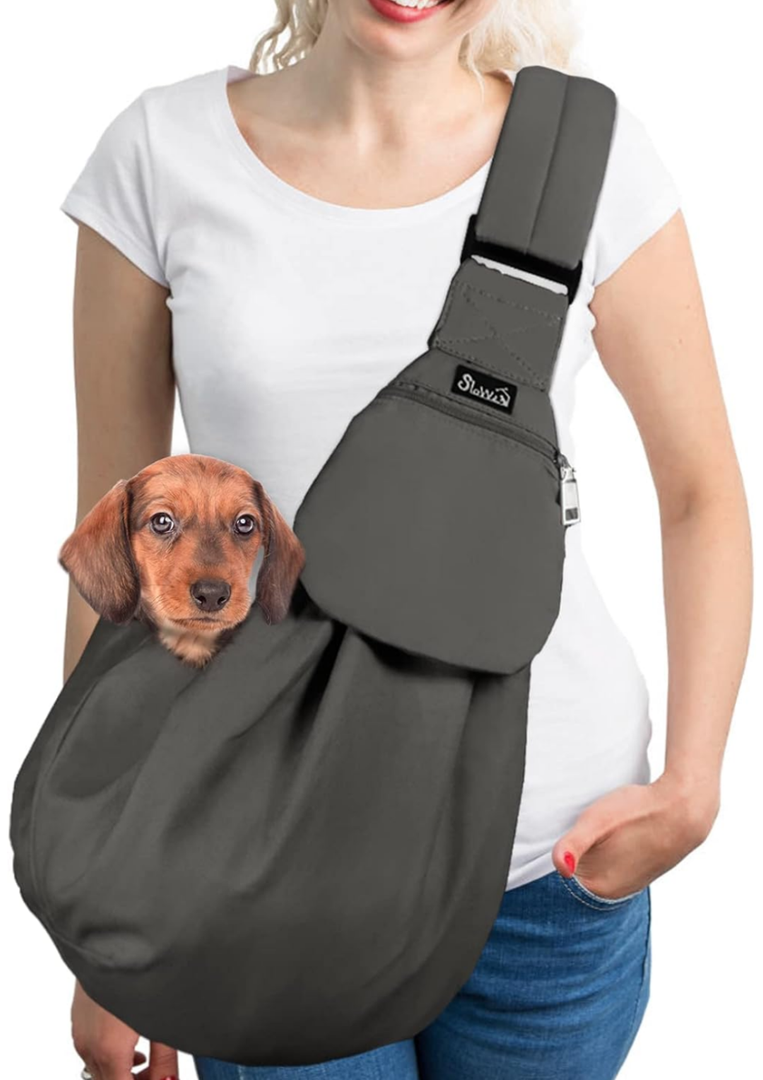 SlowTon Dog Carrier Sling - Thick Padded Adjustable Shoulder Strap Dog Carriers for Small Dogs, Puppy Carrier Purse for Pet Cat with Front Zipper Pocket Safety Belt Machine Washable (Grey L)