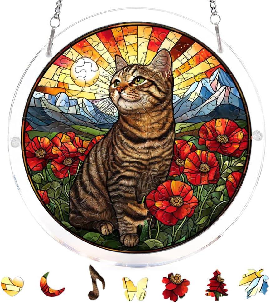 Acrylic Puzzle Suncatcher, Cat & Flower Stained Glass Window Hanging, Sun Catcher Puzzle Kit Home Garden Decor, Creative Mothers Day and Birthdays Gifts for Mom, Wife, Sisters, 7.87 inch