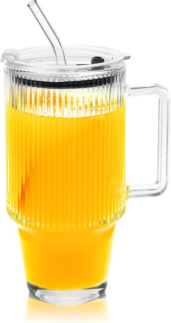 24oz Ribbed Glass Cups with Lids and Straws Handle Thick Leak Proof Drinking Glasses Tumbler for Gift Cold Drink Smoothie Boba Tea(Ribbed with Thick Plastic Lid)