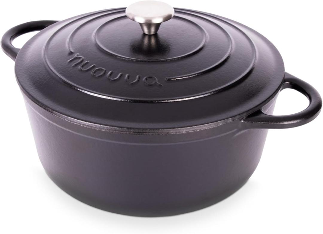 Nuovva Enamelled Cast Iron Dutch Oven Pot with Lid  6.4 Quart Non Stick Casserole Pot  Heavy Duty & Oven Safe up to 500 F for Bread Baking, Braising, Stews, Roasting  28cm Black (6.4-Quart - Deep)