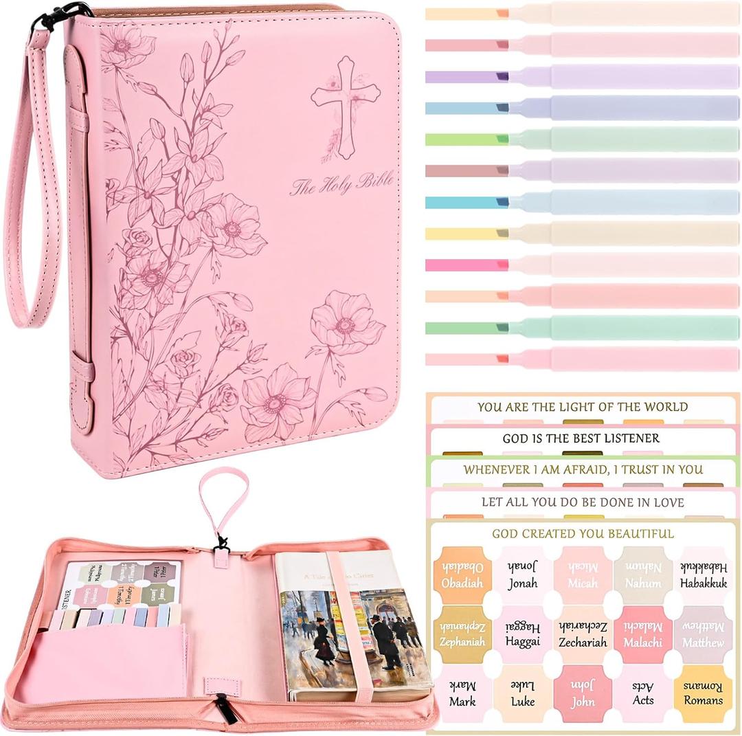 Bible Cover Case for Women Pink Leather Floral Bible Storage Bag with Highlighters Tabs for Girls Bible Study Supplies Accessories Christian Gifts (One size)