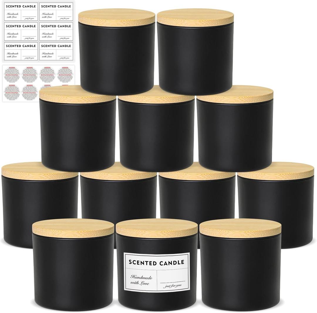 4oz Jars for Making Candles - 12 Pack Small Matte Black Empty Glass With Bamboo Lids, Stickers and Labels, Bulk Containers, Ideal for Business Owners, Fall