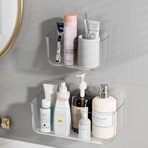 ZEXALOR Wall Mounted Storage Organizer Bins Organizing Shelf Basket Clear Plastic Makeup Organizer Adhesive Hanging Bin Fridge Organizer for Bathroom,Kitchen,Cabinet,Pantry,Countertops (XL+L)