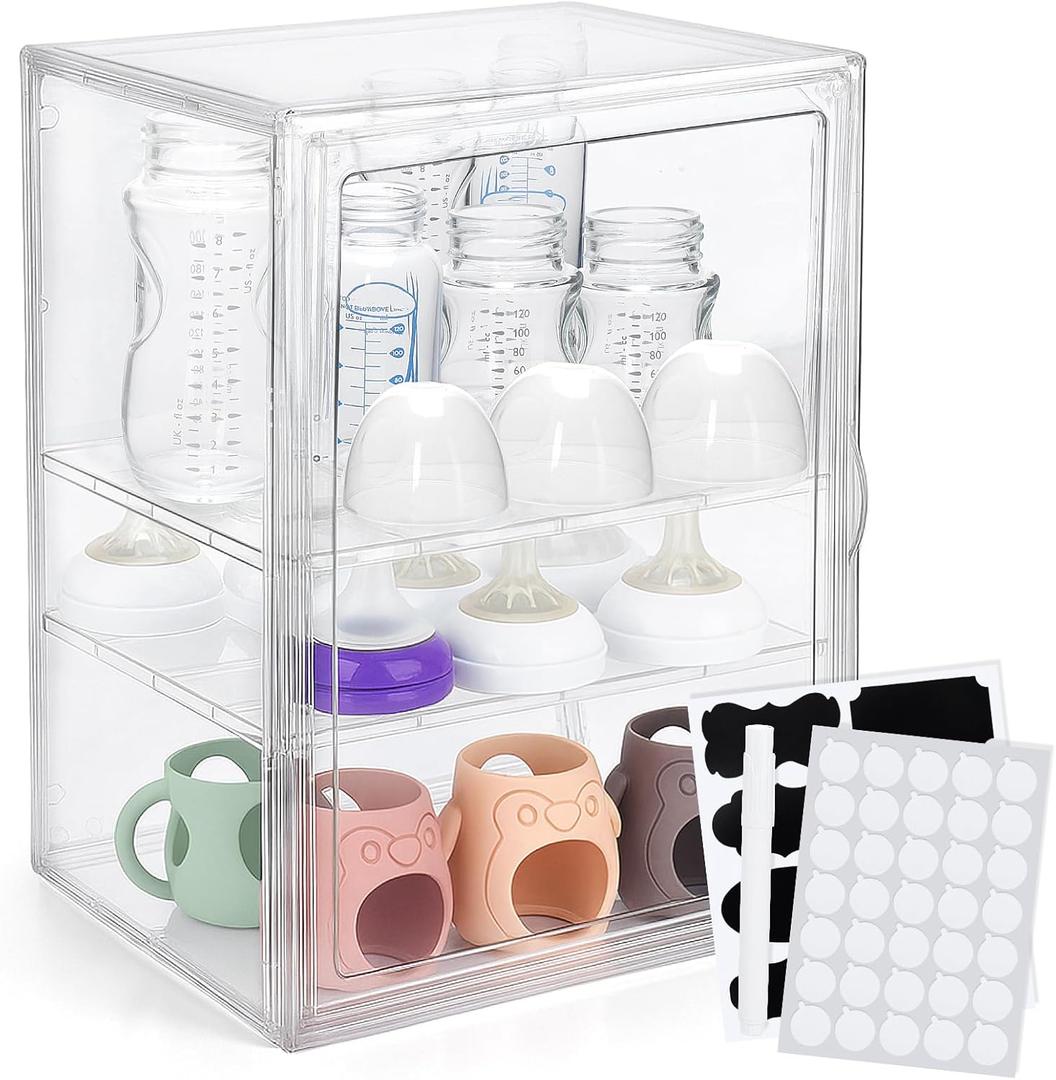 BUSOHA Baby Bottle Organizer  3-Tier Space-Saving Stackable Drawer for Countertop Bottle Drying and Pump Parts Holder for Newborn Supplies with 8 PCS Chalkboard Labels 2 Removable Dividers (10.62" x 8.66" x 14.17", Transparent)