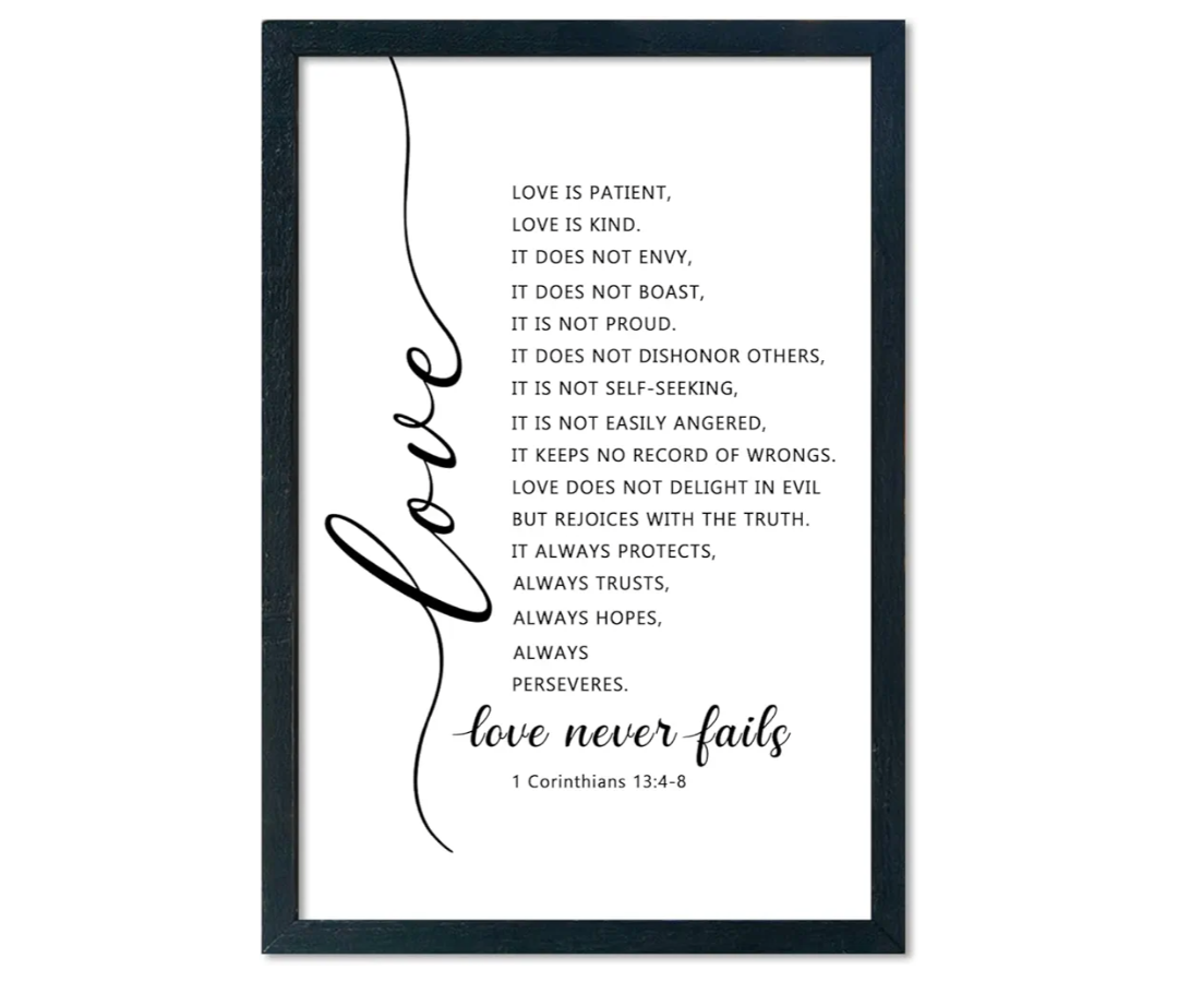 Love Is Patient Kind Wall Art 16"×11" Love Never Fails Sign 1 Corinthians 13 Bible Verse Wood Framed Wall Hanging Decor (Black)