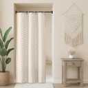 Small Stall Beige Boho Fabric Shower Curtain, 36x72 Half Size, Textured Tufted Chevron Striped Minimalist Cloth Bathroom Shower Curtain