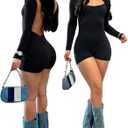Hafailia Bodycon Jumpsuits for Women Sexy Backless Rompers Long Sleeve Scoop Neck Bodysuits One Piece Outfits (Medium)