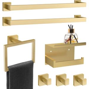7 Piece Gold Bathroom Hardware Set with Brushed Gold Bathroom Accessories - Square 2 Towel Bars Towel Rack Stainless Steel 23-Inch