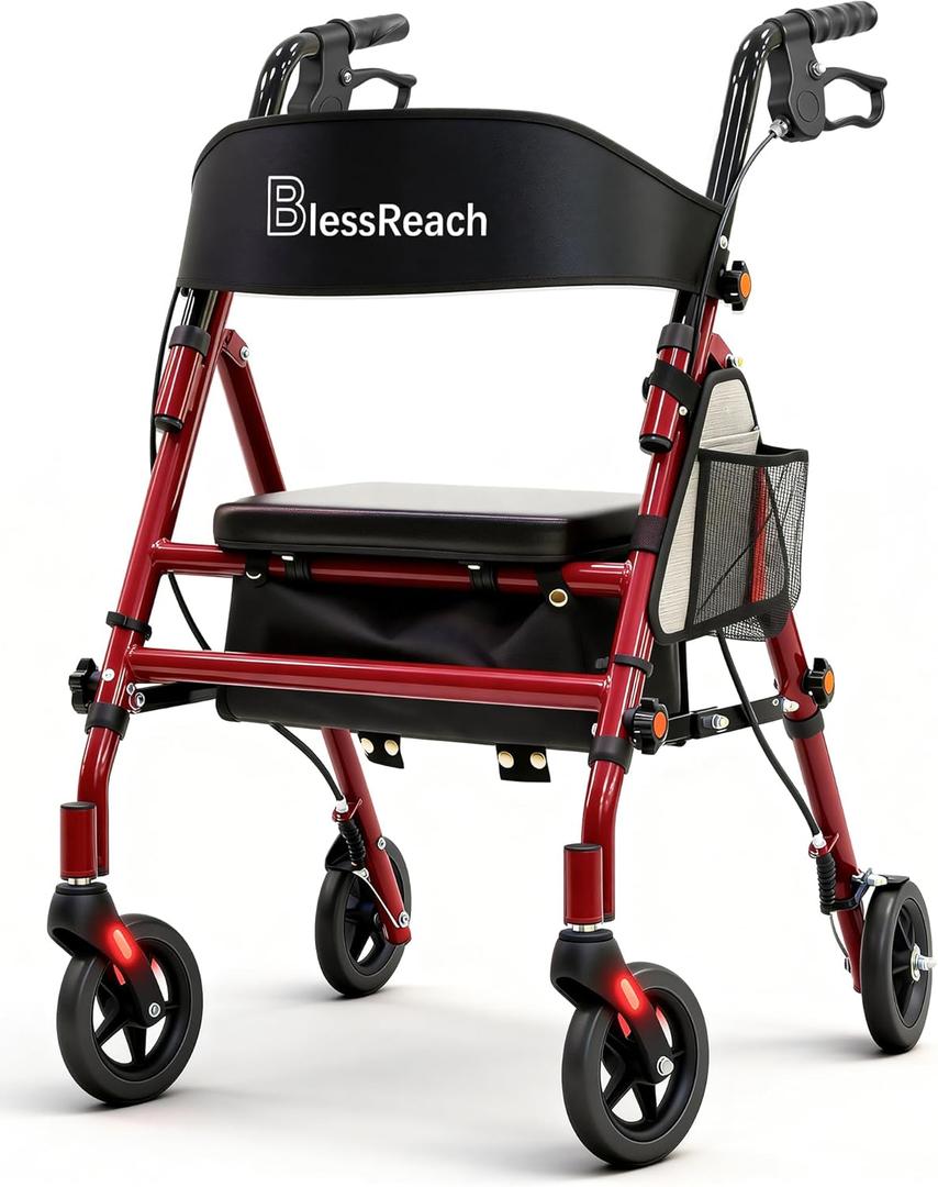 BlessReach Lightweight Foldable Rollator Walkers with Seat for Seniors, 350 lb Capacity, 5-Position Adjustable Height, Premium Hybrid Rolling Walker - Aluminum and Carbon Steel (Red)