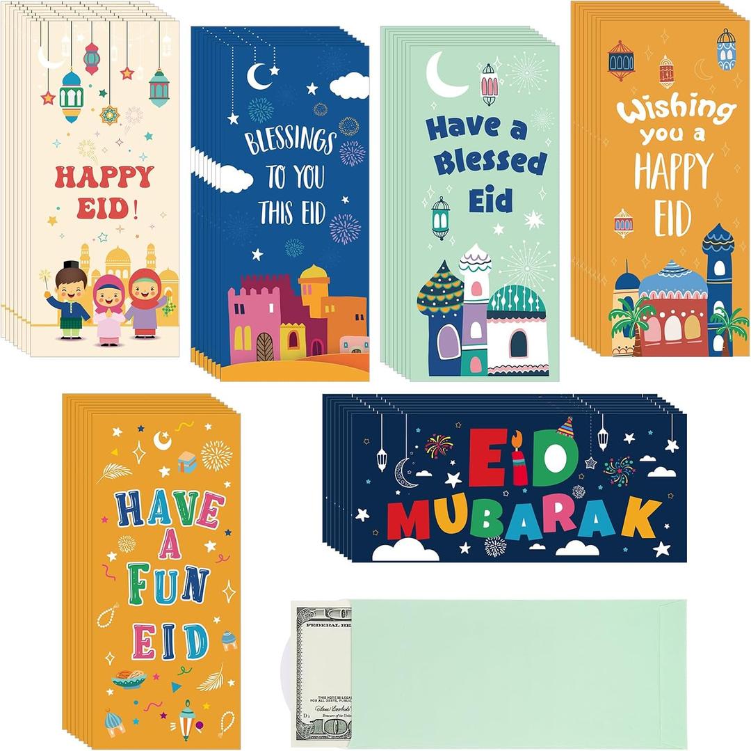 Zhanmai 48 Pcs Eid Mubarak Money Envelopes Muslim Ramadan Cash Envelopes 7.1 x 3.1 Inch Islamic Money Gift Card Holders for Eid Al-fitr and Eid al-Adha Party Supplies Holiday Celebrations Decorations