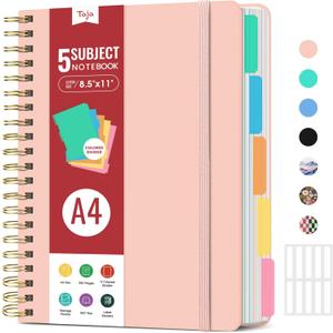 Hardcover Spiral Journal Notebooks for Work With Removable Dividers & Tabs, 8.5"x11" 5 Subject Notebook for Note Taking & Organizer, A4 College Ruled Lined Journal for Women & Writing, Pink, 280 Pages