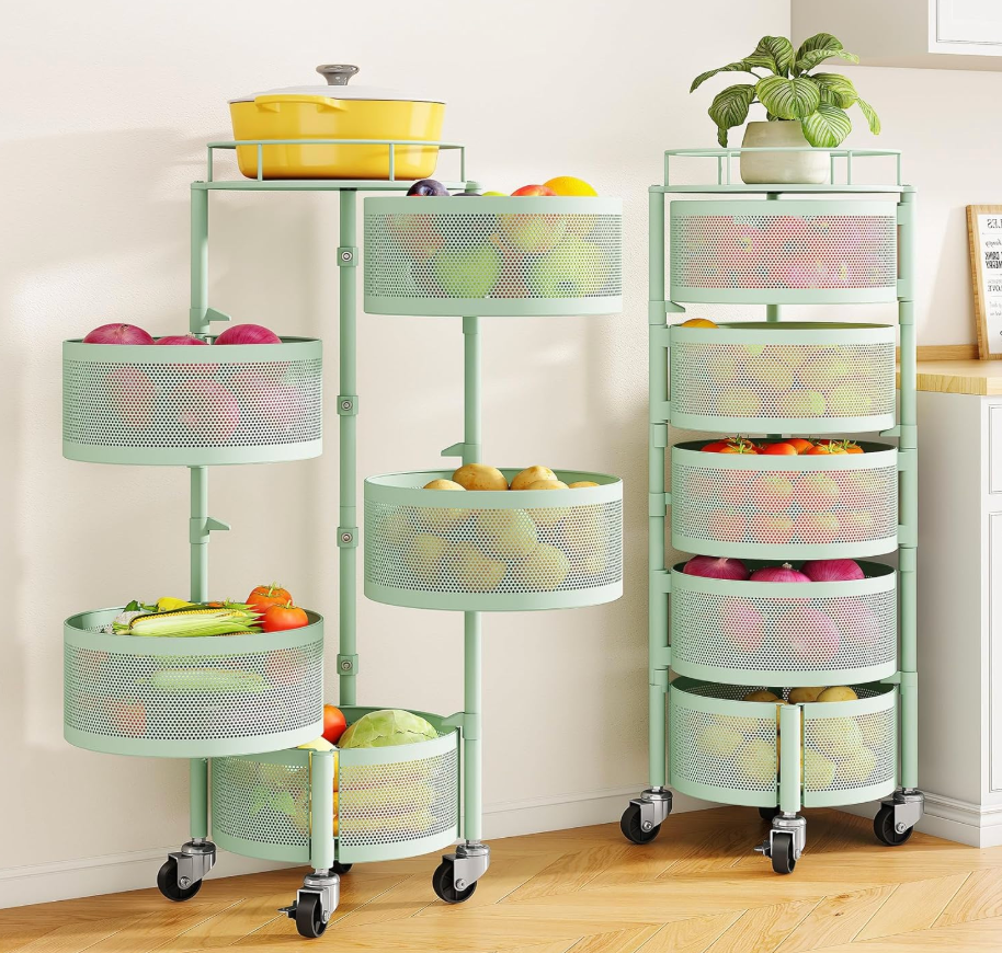 SNTD Fruit and Vegetable Basket Bowls for Kitchen with Metal Top Lid, 5 Tier Rotating Storage Rack Cart for Potato Onion Bread Banana, Wire Basket Organizer on Wheels, Large (Green)