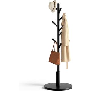 Coat Rack Freestanding Wooden Coat Tree Stand with 8 Round-tip Hooks, 3 Adjustable heights Coat Hat Rack for Entryway,Bedroom,Hallway,Office (Black)