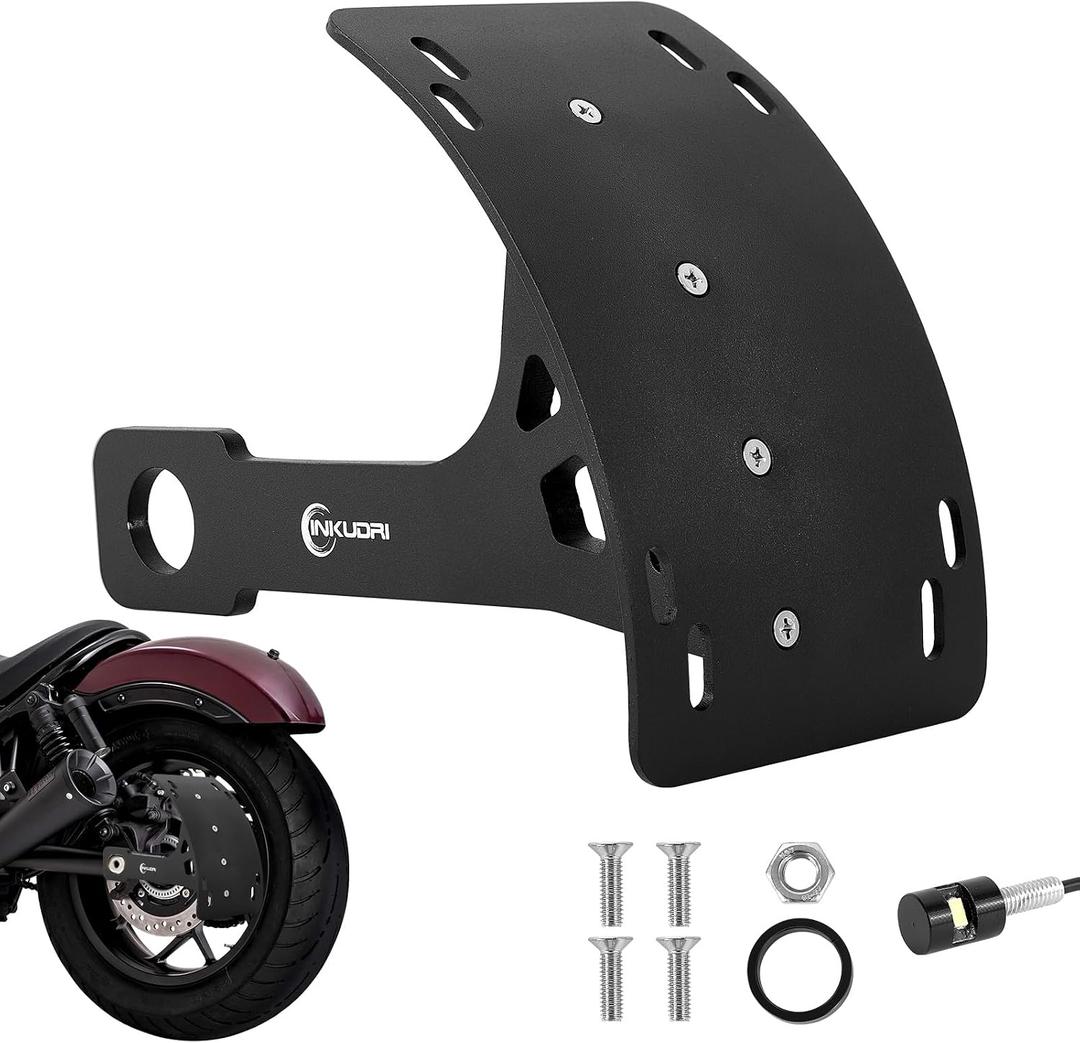 Universal Curved Motorcycle License Plate Bracket With Light Rear Axel Motorcycle License Plate Relocation Holder Swing Arm Side Mount Tag Frame For Rebel 500 YZF R6 R7 R8 Vulcan S 650 MT03 MT09 TW200