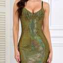 Women's Glitter Sequin Dress Adjustable Spaghetti Strap Fashion Sparkle Party Dresses (Gold, M)