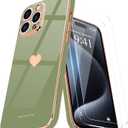 Teageo for iPhone 15 Pro Max Case with Screen Protector [2 Pack] Girl Women Cute Girly Love-Heart Luxury Gold Soft Cover Camera Protection Silicone Shockproof Phone Case iPhone 15 Pro Max, Light Green