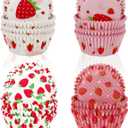 JEPELUS 400 Pcs Greaseproof Cupcake Liners, Mini Muffin Liners Cupcake Wrappers Standard Paper Baking Cup Cake Wrapper for Wedding Baby Shower Berry Themed Birthday Party Decor (Pink Strawberry)