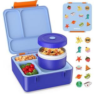 Bento Box for Kids, Lunch Box with Sticker and Leak-Proof Vacuum Food Jar, 4 Compartment BPA-Free Toddler Bento Box for School, Machine-Washable and Removable Compartments for Boy(Blue)
