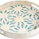Mother of Pearl Inlay Serving Tray, 12 Inch Round Decorative Table Tray, Wood Coffee Table Ottoman Tray with Handles for Home Decor, Tea, Breakfast