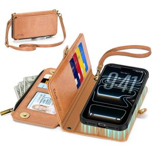TUCCH Removable Crossbody Case Wallet for iPhone 17 Pro Max 6.9" 2025, Wireless Charging, RFID Blocking 10 Card Slots, Lanyard Wrist Strap, Zipper Pocket, PU Leather, Stand Magnetic Cover, Light Brown