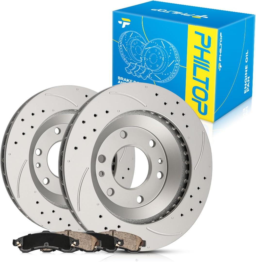 PHILTOP Brake Kits Front Brake Pads and Rotors Kit for Chevrolet 2002-2005 Trailblazer, GMC 2002-2005 Envoy, Buick 2004-2005 Rainier Drilled and Slotted Brakes Rotors Ceramic Brake Pads 55069+D882.