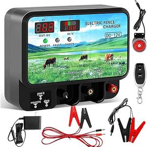 15.5 High Joule Electric Fence Charger, AC 110v-230v DC Multiple Powered, 15.5 Joule 600 Acres Electric Fence Energizer, Input 12V Output 12KV with Display and Alarm, Keep Out Predators