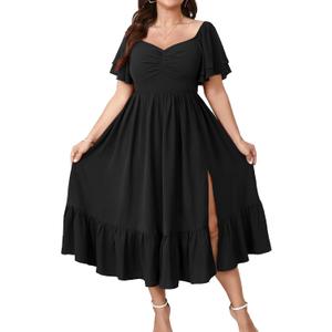 SCOMCHIC Womens Plus Size Wedding Guest Cocktail Dresses Sweetheart Neckline Short Sleeve Smocked Ruffle Slit Maxi Dress (Black, 1XL)