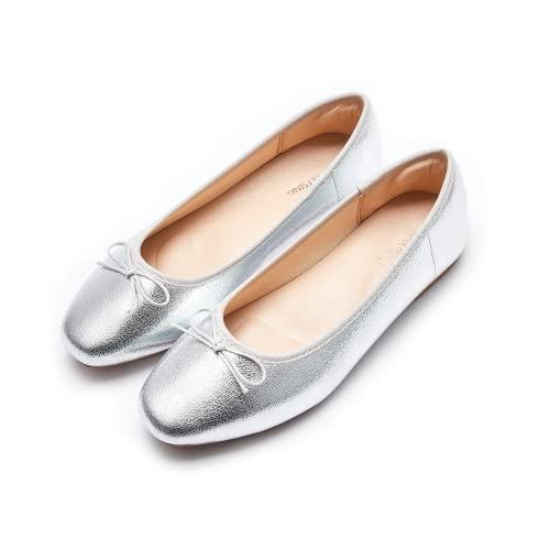 AFEETSING Women's Round Toe Ballet Flats Comfortable Bow Dressy Flats Shoes for Women (A-Silver, Numeric_8) Size 8