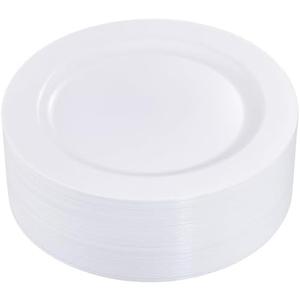 I00000 50Pcs White Plastic Dinner Plates 10.25 Inch, Premium Disposable Party Plates, Safe and Reusable, Heavy Duty Plastic Plates Perfect for Wedding & Party