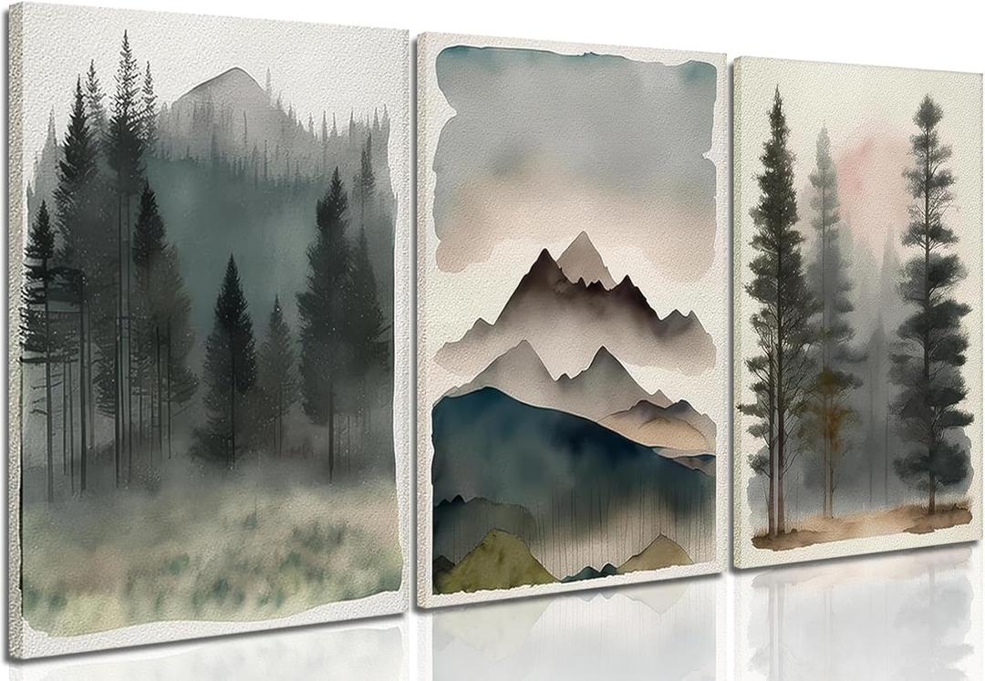 Framed Wall Art for Living Room Set of 3 - Abstract Watercolor Pine Tree Mountain Range Wall Decor, Nature Landscape Canvas Paintings Prints for Bedroom, Home Office Decor - 16x24 Inches