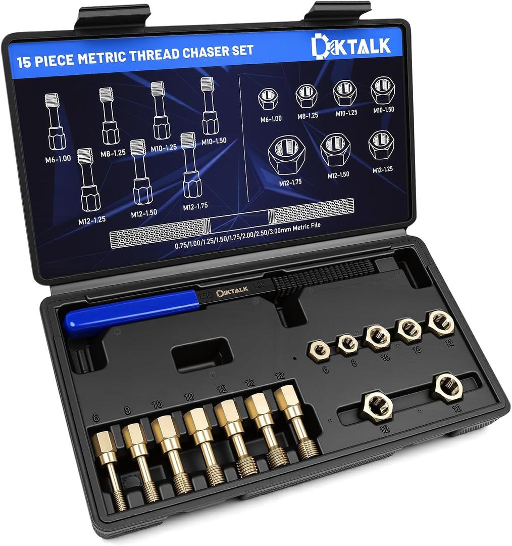 15-Piece Metric Thread Chaser Set, Master Thread Repair Kit with 7 Taps 7 Dies & Thread File, M6, M8, M10, M12,Automotive Rethreading Tool with Case