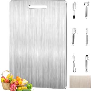 Titanium Cutting Board,Cutting Boards For Kitchen,Stainless Steel Cutting Board,Peeler,Mat,Dish Clip,For Cutting Vegetables, Meat,Fruits,Silver, 18.11x11.8 IN
