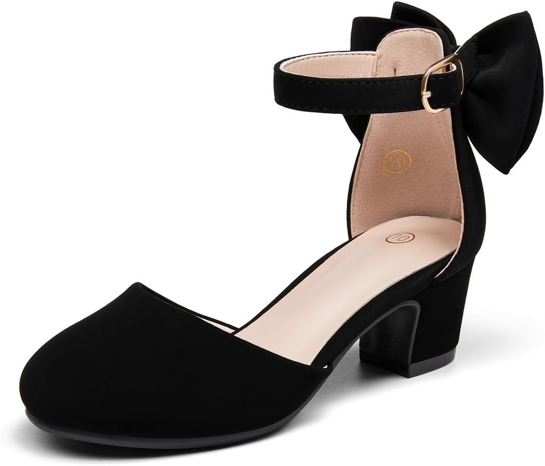 Haloumoning Girls Dress Shoes Flower Girl Chunky Low Heels Closed Toe Bow Pumps Wedding Party Shoes, Size 