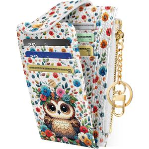 Miss Adola Cute Card Wallet Women - Small Wallets with Keychain Flower Owl RFID Credit Cardholder Aesthetic Fashion Design Coin Purse for Female Ladies Teen Girls