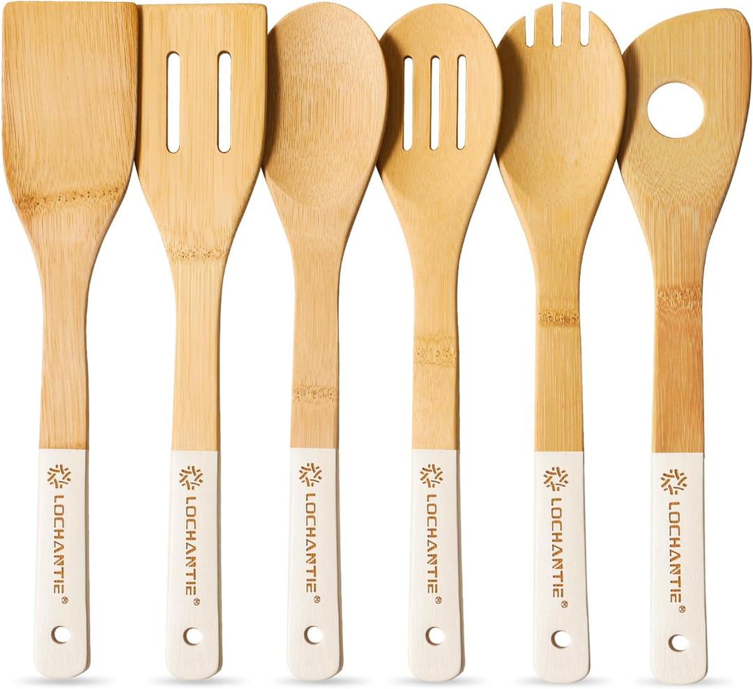 Wooden Spoons for Cooking Bamboo Utensils Set (6 Pieces) - Essential Tools Wooden Spatula & Spoons for Everyday Stirring, Mixing, Flipping & Serving, Gentle on Nonstick Cookware, White