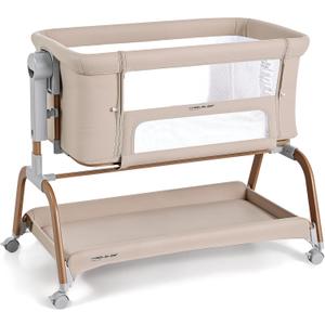 ANGELBLISS 3 in 1 Baby Bassinet, Rocking Bassinets Bedside Sleeper with Comfy Mattress and Wheels, 6 Height Adjustable Easy Folding Portable Bedside Crib for Newborn Infant (Khaki)