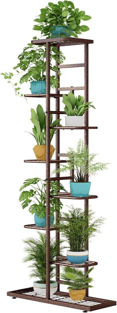 LINZINAR Plant Stand Indoor Outdoor Metal 8 Tier 9 Potted Multiple Flower Pot Holder Shelf Planter Display Shelving Unit for Patio Garden Corner Balcony Living Room (Bronze)