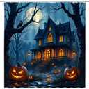 Spooky Halloween Shower Curtain Gothic Haunted House Pumpkin Lantern Crow Black Tree Full Moon Night Courtyard Scene Bathroom Decor Polyester Curtains with Hooks,70Wx70L