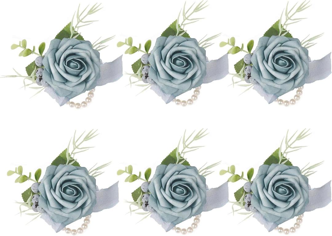 Dusty Blue Wrist Corsage Set of 6 for Wedding Prom Party, Artificial Flower Wrist Corsage Bracelets, Homecoming Corsage Wristlet, Corsage Flowers for Bride, Bridesmaid, Girls