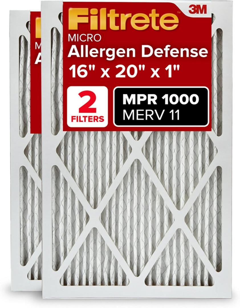 Filtrete 16x20x1 AC Furnace Air Filter, MERV 11, MPR 1000, Micro Allergen Defense, 3-Month Pleated 1-Inch Electrostatic Air Cleaning Filter, 2 Pack (Actual Size 15.719 x19.719x0.84 in)