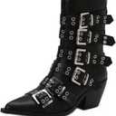 Women's Multi-Buckle Pointed Toe Ankle Boots 6.5cm Chunky Mid Block Heel Booties Size 6-12 US (Black Matte)