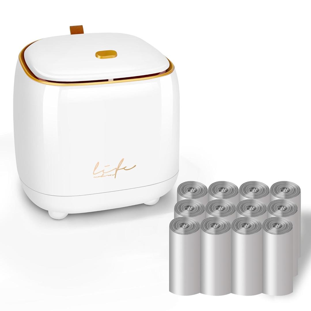 Mini Countertop Trash Can with 12 Rolls of Bags, Desk Can with Press Type Lid, Applicable for Bathroom Vanity Home Office (White)