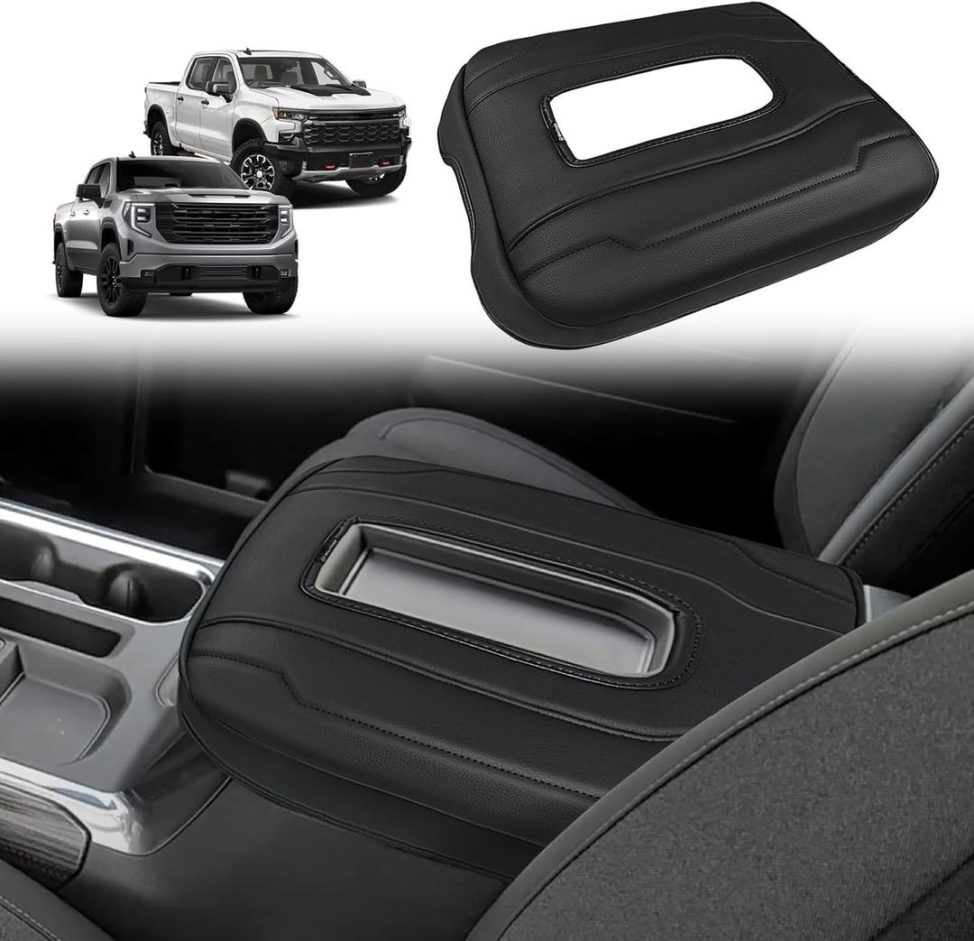 Muslogy Center Console Armrest Cover Fit for Chevy Silverado & GMC Sierra 1500 2500 3500 2022-2026 Accessories, Comfort Armrest Pad Console Lid Cushion Vegan Leather Regular Thick(Bucket Seat ONLY)