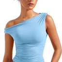 SUUKSESS Women Off Shoulder Tops Sleeveless Shirts Y2K Going Out Crop Tank Top (Small, Baby Blue)