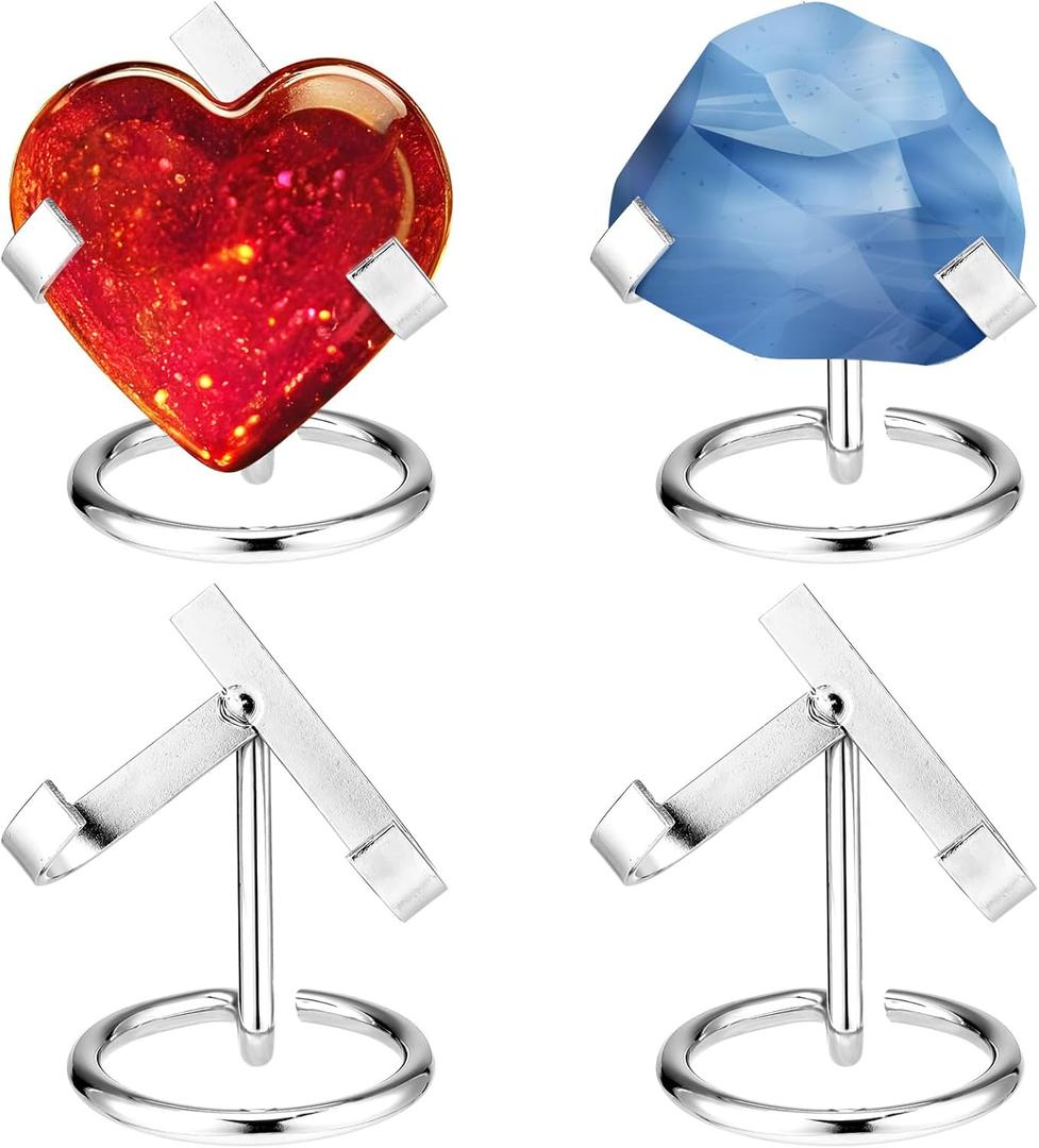 Shimeyao 4 Pcs Metal Crystal Heart Stone Stand Crystal Ball Holder Rock Display Stand Mineral Specimen Display Easel Holder for Gemstones Fossils Agate Slabs Plates (Silver,2 x 2.36 x 2.56 Inch)