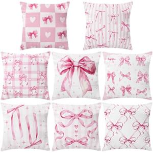 SmoothNovelty 8 Pcs 18x18 Inch Pink Bow Pillow Covers Coquette Pillows Pink Coquette Room Decor Bow Pillowcase Set Watercolor Aesthetic Preppy Room Decoration Bedroom Sofa Decor